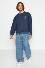 Trendyol Indigo Men's More Sustainable Oversize Crew Neck Long Sleeve Embroidery Detailed Sweatshirt.