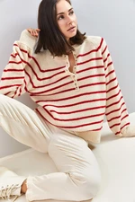 Bianco Lucci Women's Button-down Collar Turtleneck Striped Knitwear Sweater