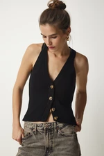 Happiness İstanbul Women's Black Halterneck Buttons Knitwear Vest