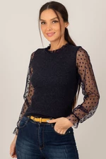 armonika Women's Navy Blue Sleeve and Collar Tulle Ribbed Knitwear Sweater