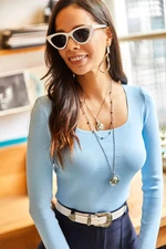 Olalook Women's Baby Blue Square Collar Basic Knitwear Blouse