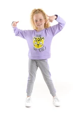Mushi Leopard Girls' Lilac Tracksuit Top and Gray Sweatpants Set