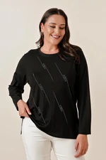 By Saygı Embroidered Collar Crisscross Front Stone Print Long Sleeves Plus Size Blouse