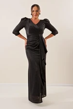 By Saygı Three Quarter-Centural Voluminous Sleeves Lined Long Evening Dress, Plus Size.