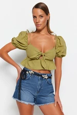Trendyol Khaki Crop Woven Flounce Blouse