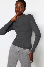 Trendyol Dark Anthracite Fitted/Situated Collar Long Sleeve Ribbed Stretch Knit Blouse