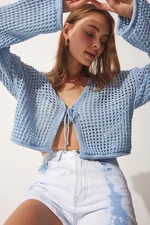 Happiness İstanbul Women's Light Blue Openwork Crop Bolero Sweater Cardigan