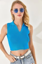 Olalook Women's Blue Polo Collar Sleeveless Crop Knitwear Blouse