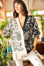 Olalook Women's Black Shawl Pattern Soft Textured Oversized Knitwear Cardigan