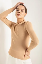 Lafaba Women's Camel Polo Neck Ribbed Knitwear Sweater