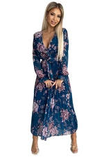 Pleated chiffon long dress with a neckline, long sleeves and Numoco belt