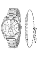 Polo Air Luxury Stone Detailed Women's Wristwatch and Zircon Stone Baguette Bracelet Combination Silver Color