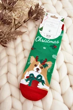 Women's Christmas socks with a dog, green