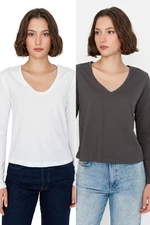 Trendyol Anthracite-White 100% Cotton 2-Pack Basic V-Neck Knitted T-Shirt