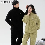 DUOJIHUI Two Piece Couple Clothes Casual Home Pajamas for Women Fashion Zipper Cardigan Loose Pant Pure Color Female Pajamas Set