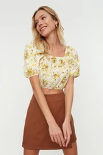 Trendyol Yellow Floral Pattern Square Neck Crop Blouse