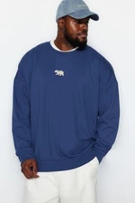 Trendyol Navy Blue Men's Plus Size Oversize Comfortable Animal Embroidered Pile Cotton Sweatshirt with Soft Inside.