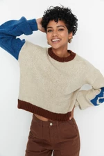 Trendyol Stone Měkký texturovaný pletený svetr s barevným blokem