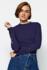 Trendyol Navy Blue Buttoned Ribbed High Neck Fitted/Situated Cotton Stretch Knit Blouse