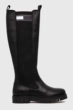 Vysoké čižmy Tommy Jeans TJW HIGH SHAFT BOOT dámske, čierna farba, na plochom podpätku, EN0EN02316