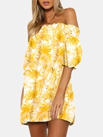Tropical Plants Print Off Shoulder Summer Holiday Mini Dress