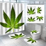 Non Slip Green Hemp Leaves Pattern Shower Curtains Waterproof Toilet Polyester Cover Mat Set Bathroom Decoration