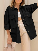 Women Side Pockets Simple Buttons Solid Lapel Collar Loose Jackets