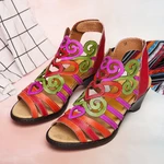 SOCOFY Women Leather Retro Colorful Hollow Out Heart Shape Soft Hook Loop Gladiator Sandals
