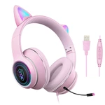AKZ-023 Cat Ear Wired Headset USB 7.1 Channel Stereo Sound Head-mounted Luminous RGB Gaming Headphone with Sound Card No