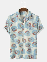 Mens Geometric Overlay Print Buttons Short Sleeve Shirts
