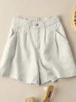 Cotton Solid Pocket Ruched Button Casual Shorts