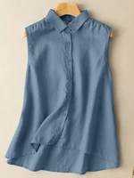 Solid Button Lapel High-Low Hem Sleeveless Casual Shirt