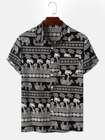 Mens Elephant Plants Tribal Print Buttons Short Sleeve Shirts
