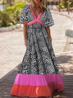 Splicing Casual Raglan Sleeve Leopard Loose Maxi Dress For Women