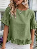 Solid Ruffle Round Neck Short Sleeve Casual Blouse
