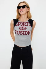 Trendyol Gray Melange Color Block Slogan Printed Fitted/Situated Crop Knitted T-Shirt