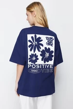 Trendyol Navy Blue 100% Cotton Back Printed Oversize/Wide Fit Crew Neck Knitted T-Shirt
