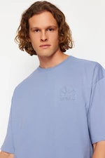 Trendyol Blue Oversize Relief Printed 100% Cotton T-Shirt