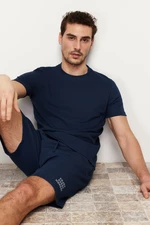 Trendyol Navy Blue Regular Fit Textured Knitted Pajamas Set with Shorts