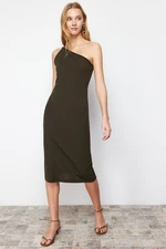 Trendyol Khaki Strappy Fitted Midi Crepe Knitted Dress