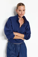Trendyol Navy Blue Comfortable Cut Crop Basic Zippered Stand-Up Collar Fleece Inside Knitted Sweatshirt