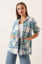 By Saygı Double Pocket Checkered Cachet Shirt Green with Fold Sleeves