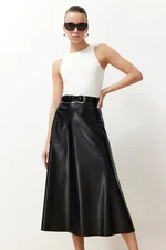Trendyol Black Faux Leather Flared Maxi Length Woven Skirt