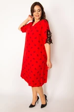 Şans Women's Plus Size Red Woven Viscose Dress With V-Neck Lace Detail