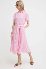 Ľanové šaty Polo Ralph Lauren ružová farba,midi,rovný strih,211935154