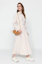 Trendyol Beige Striped Belted Wide Cuff Half Pat Woven Dress