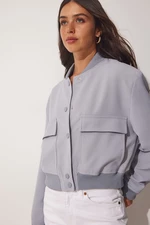 Happiness İstanbul Women's Gray Wide Pocket Bomber Jacket