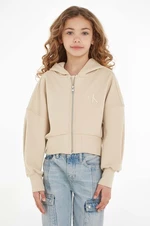 Dětská mikina Calvin Klein Jeans béžová barva, s kapucí, hladká