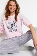 Trendyol Pink Fleece Teddy Bear Printed Striped Tshirt-Pants Knitted Pajamas Set