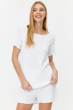 Trendyol White Corduroy T-shirt-Shorts Knitted Pajamas Set